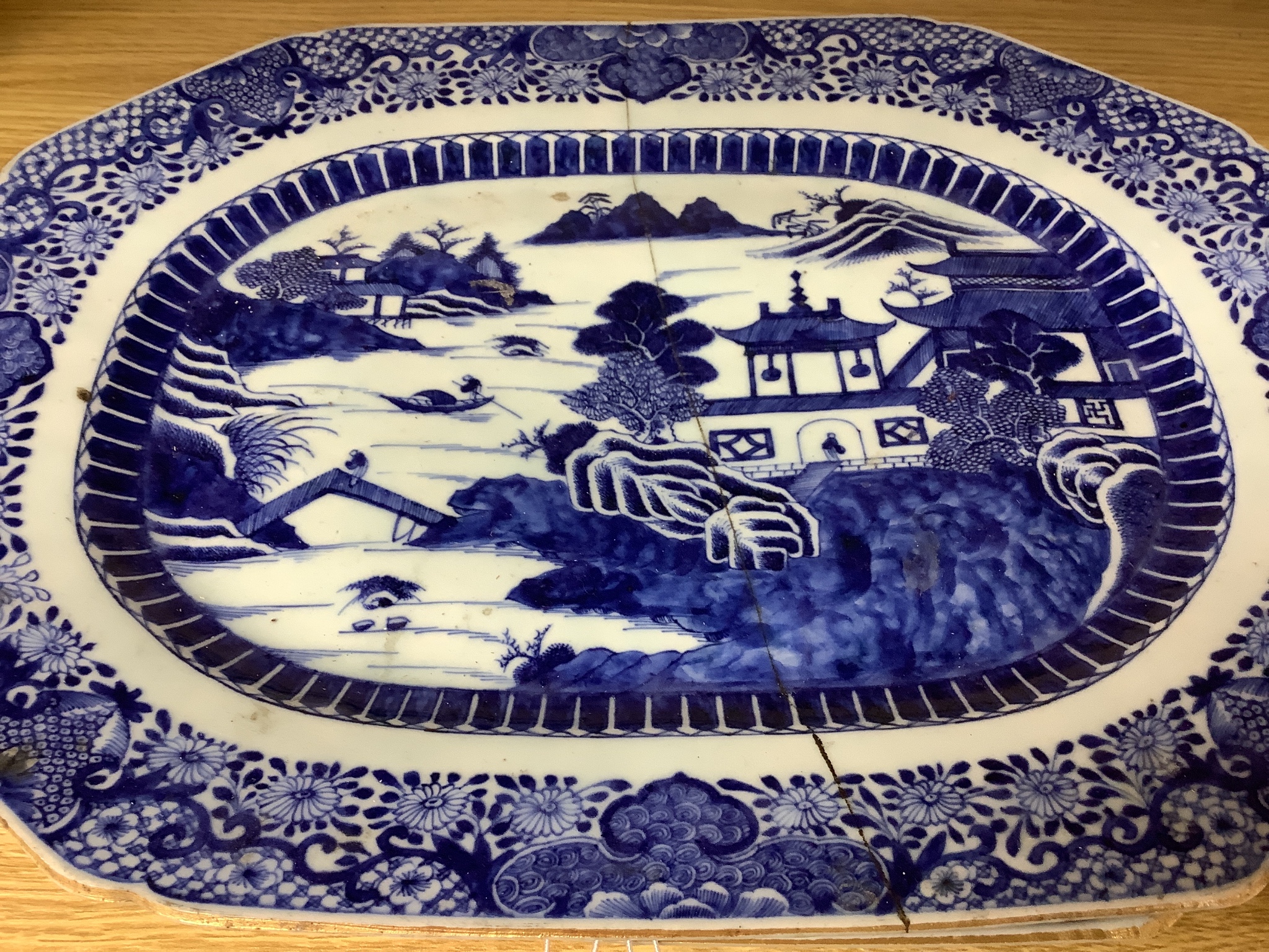 Two 18th century Chinese export blue and white meat plates, 36 x 28cm.